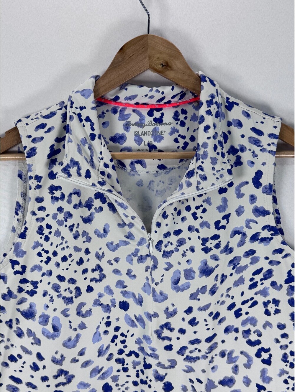 Tommy Bahama IslandZone Top Womens Large Blue Leopard Sleeveless Polo Zip - Picture 2 of 8